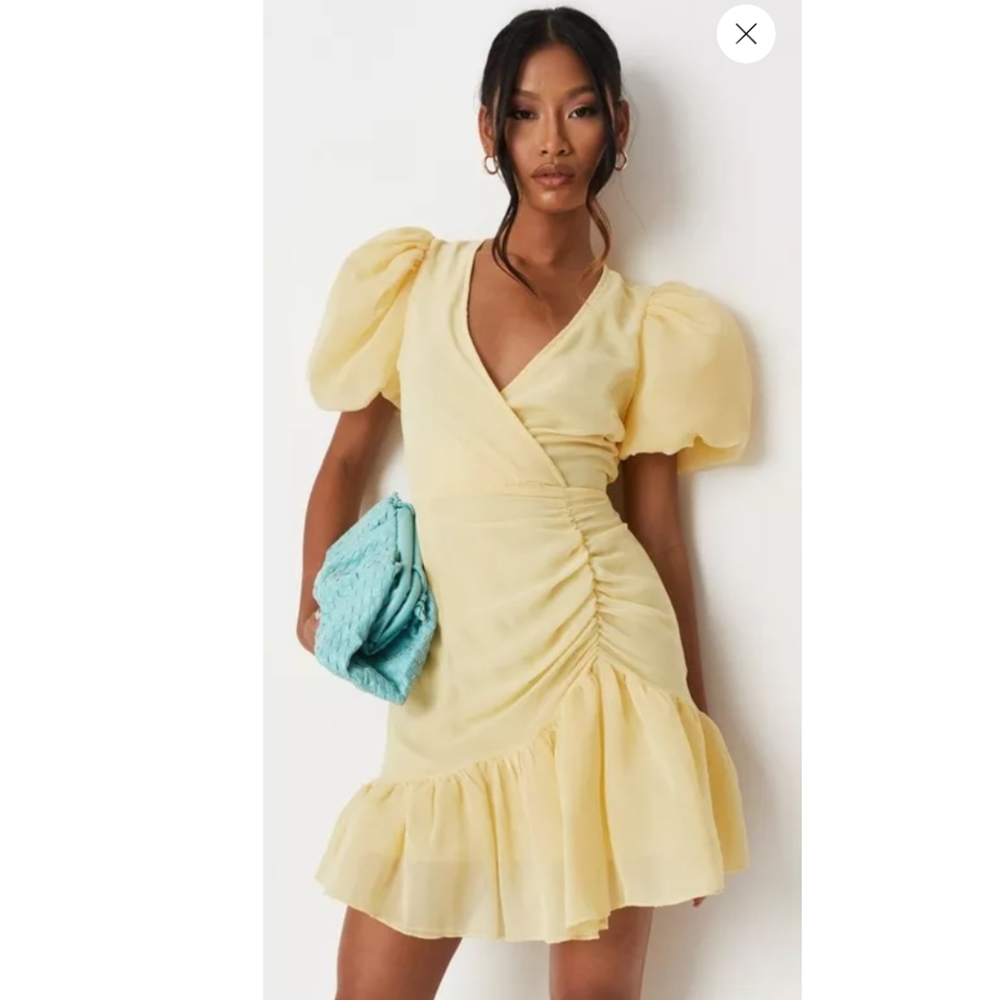 Yellow Woven Puff Sleeve Mini Dress